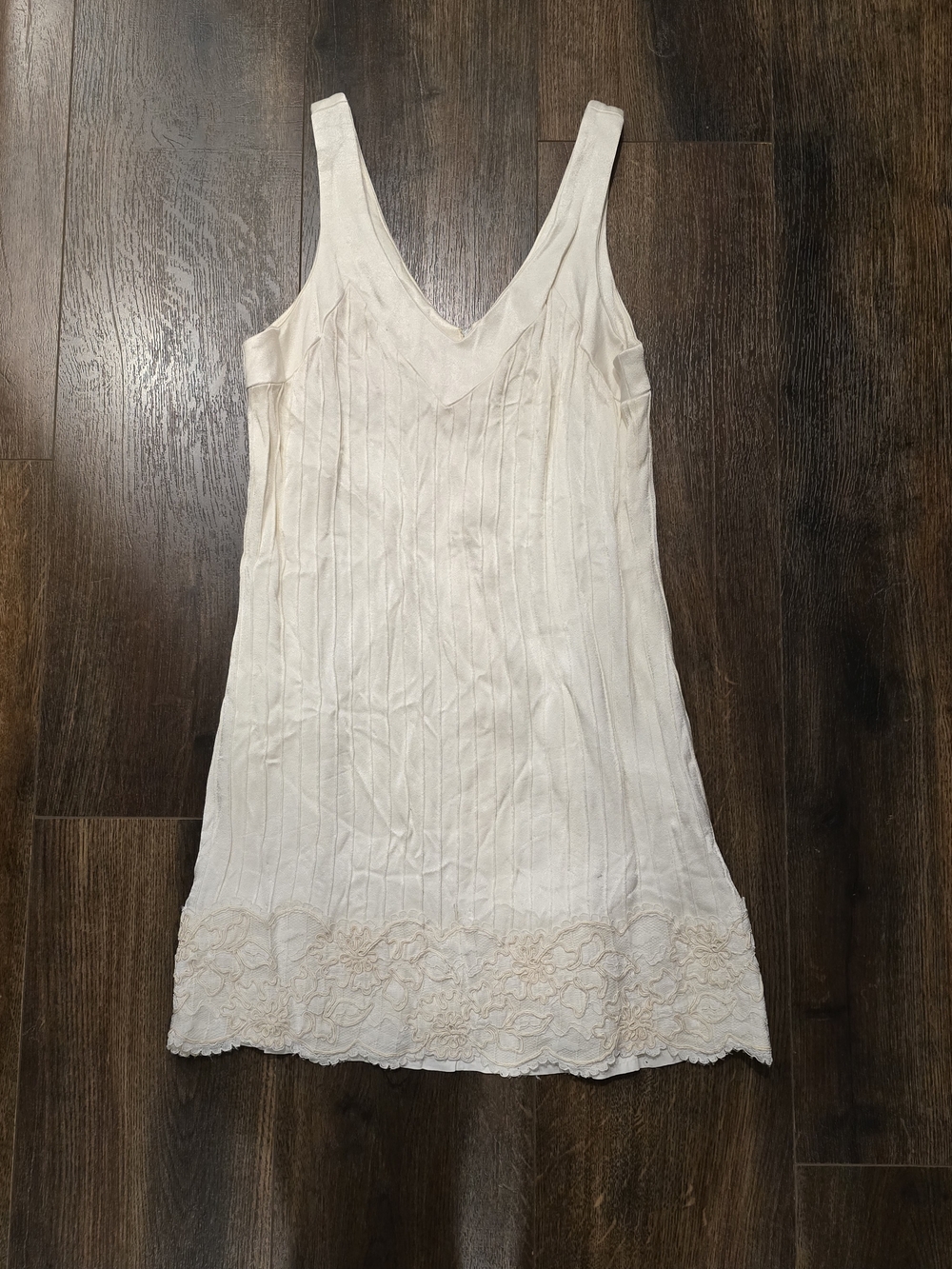 Vintage Cream Ribbed Slip with Floral Lace Hem